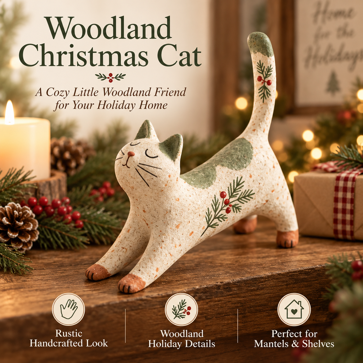 🐈🎄 Skovens julekattefigur — en hyggelig lille skovven til dit julehjem.