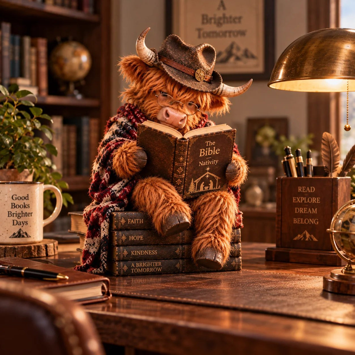 🐮 Highland Cow-julekrybbe med bibel | Boglig julepynt til hylder, skriveborde & meningsfulde gaver 🎄