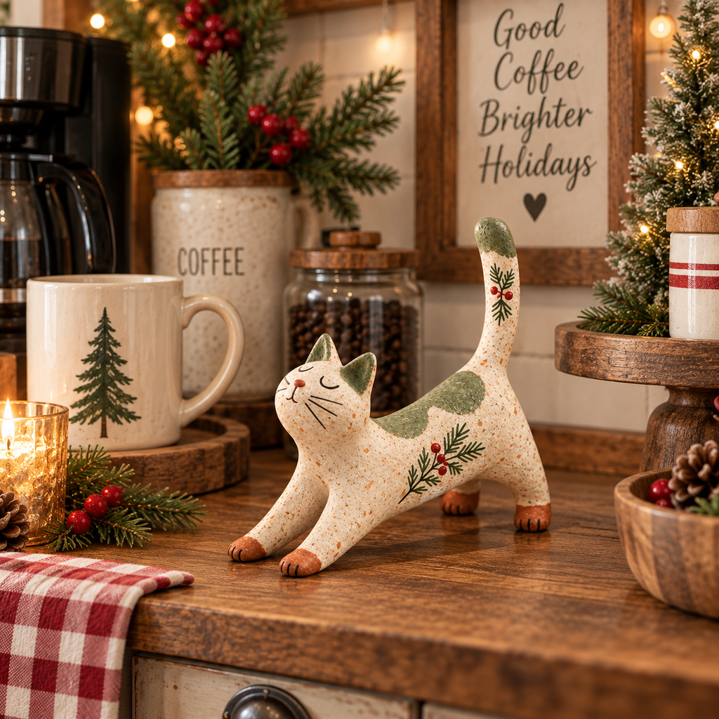 🐈🎄 Skovens julekattefigur — en hyggelig lille skovven til dit julehjem.