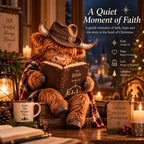 🐮 Highland Cow-julekrybbe med bibel | Boglig julepynt til hylder, skriveborde & meningsfulde gaver 🎄