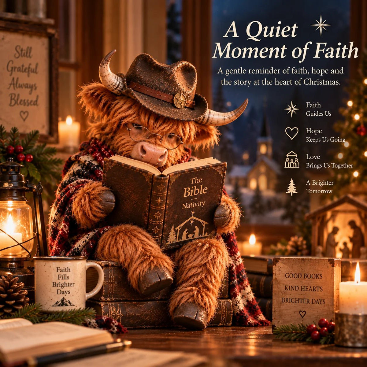 🐮 Highland Cow-julekrybbe med bibel | Boglig julepynt til hylder, skriveborde & meningsfulde gaver 🎄