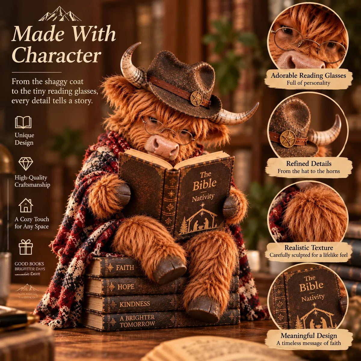 🐮 Highland Cow-julekrybbe med bibel | Boglig julepynt til hylder, skriveborde & meningsfulde gaver 🎄