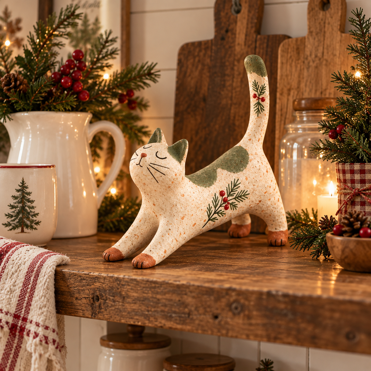 🐈🎄 Skovens julekattefigur — en hyggelig lille skovven til dit julehjem.