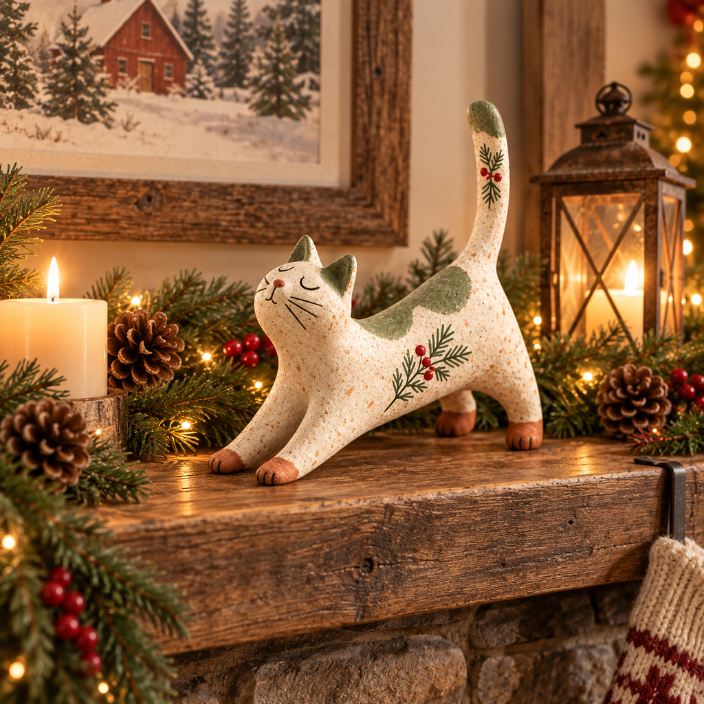 🐈🎄 Skovens julekattefigur — en hyggelig lille skovven til dit julehjem.