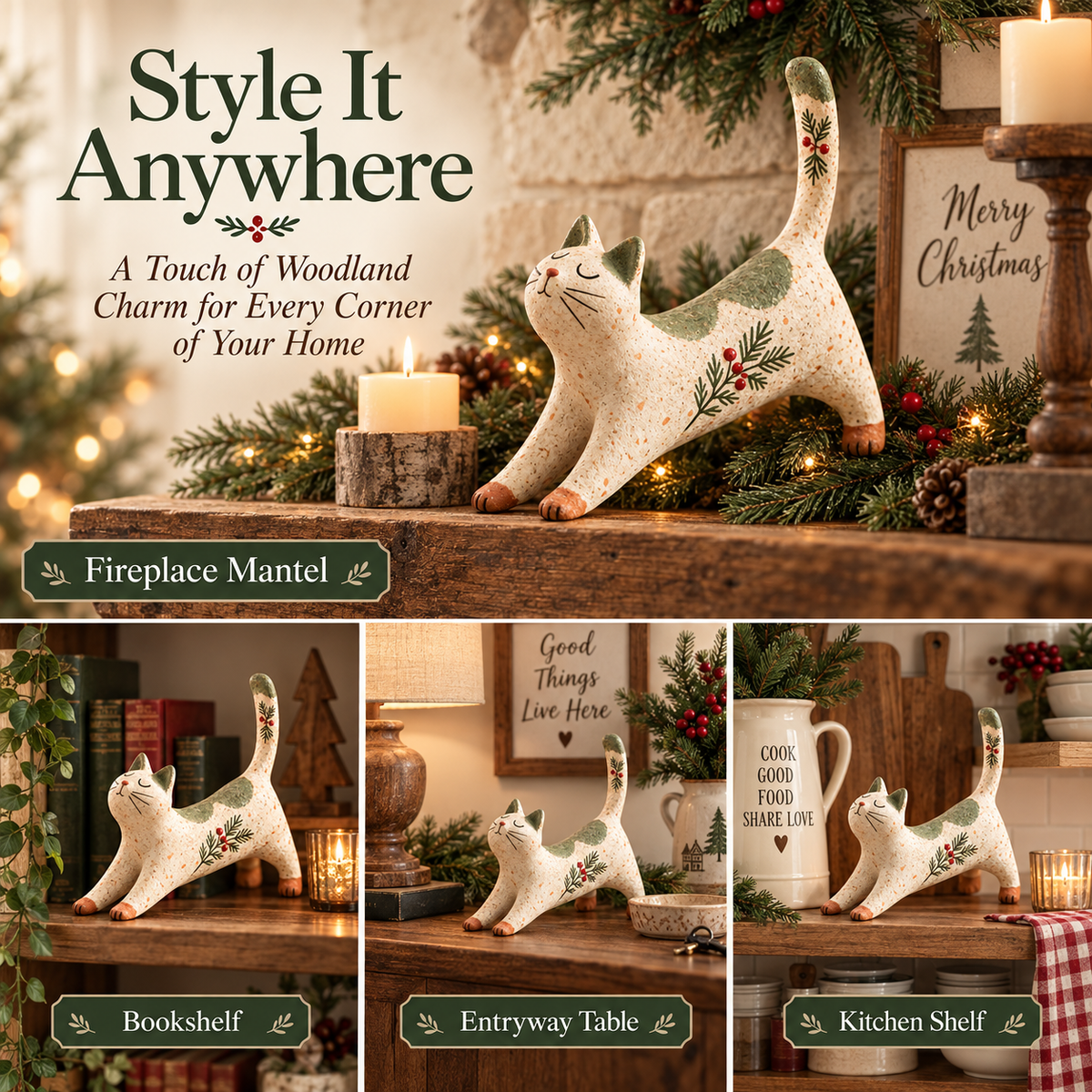 🐈🎄 Skovens julekattefigur — en hyggelig lille skovven til dit julehjem.