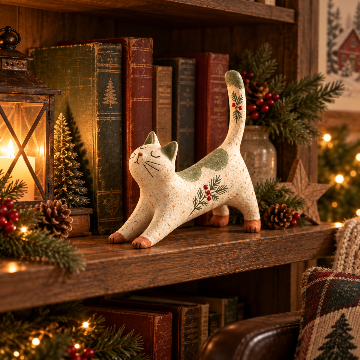 🐈🎄 Skovens julekattefigur — en hyggelig lille skovven til dit julehjem.