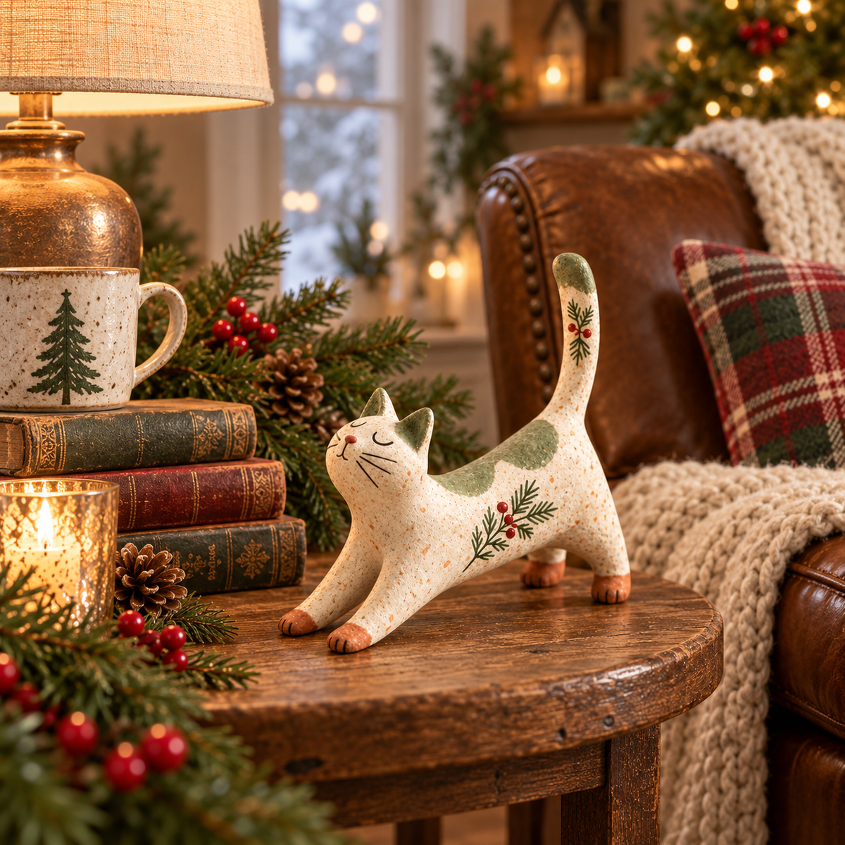 🐈🎄 Skovens julekattefigur — en hyggelig lille skovven til dit julehjem.
