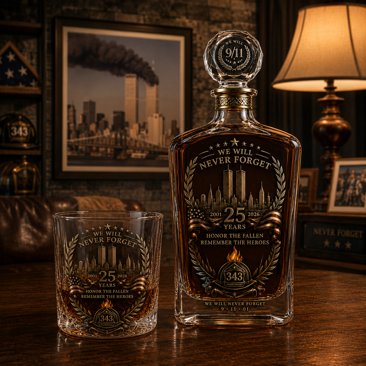 🕯️ 9/11 25-års mindedags whisky-decanter-sæt — en varig hyldest til 343 helte