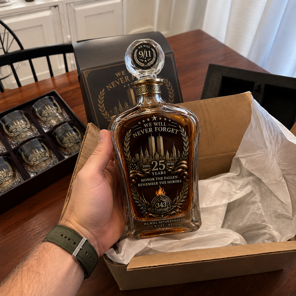 🕯️ 9/11 25-års mindedags whisky-decanter-sæt — en varig hyldest til 343 helte