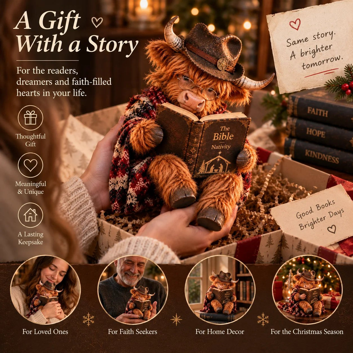 🐮 Highland Cow-julekrybbe med bibel | Boglig julepynt til hylder, skriveborde & meningsfulde gaver 🎄