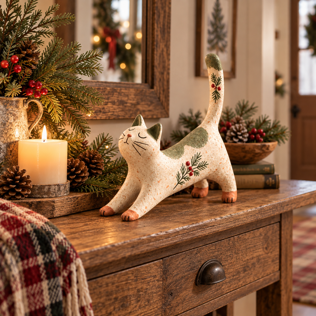 🐈🎄 Skovens julekattefigur — en hyggelig lille skovven til dit julehjem.
