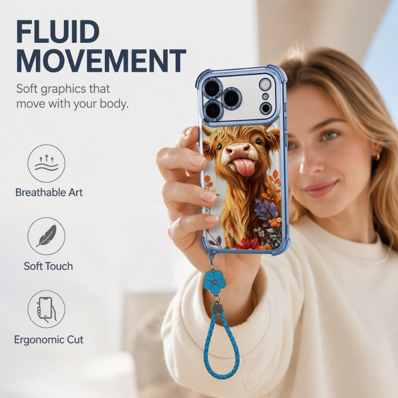 🐮🌸 Highland Cattle-kunstigt telefoncover – farverigt beskyttelsescover med matchende håndledsrem