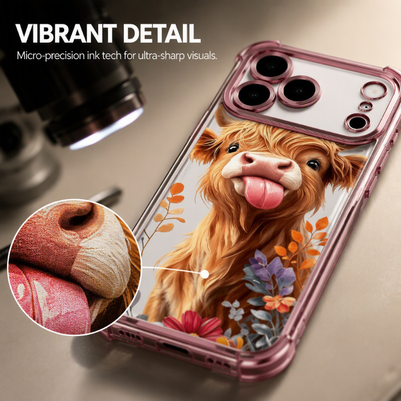 🐮🌸 Highland Cattle-kunstigt telefoncover – farverigt beskyttelsescover med matchende håndledsrem