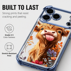 🐮🌸 Highland Cattle-kunstigt telefoncover – farverigt beskyttelsescover med matchende håndledsrem