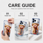 🐮🌸 Highland Cattle-kunstigt telefoncover – farverigt beskyttelsescover med matchende håndledsrem