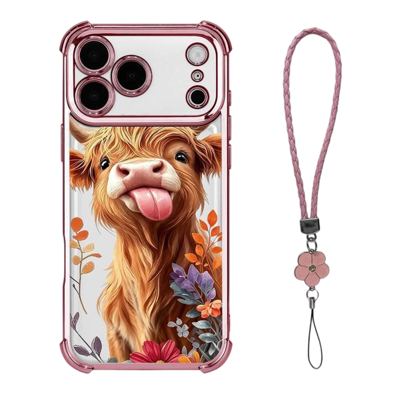 🐮🌸 Highland Cattle-kunstigt telefoncover – farverigt beskyttelsescover med matchende håndledsrem