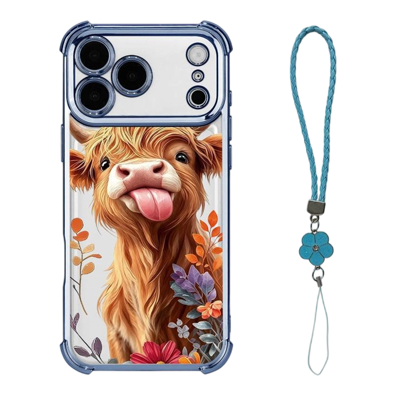 🐮🌸 Highland Cattle-kunstigt telefoncover – farverigt beskyttelsescover med matchende håndledsrem