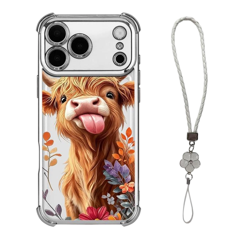 🐮🌸 Highland Cattle-kunstigt telefoncover – farverigt beskyttelsescover med matchende håndledsrem