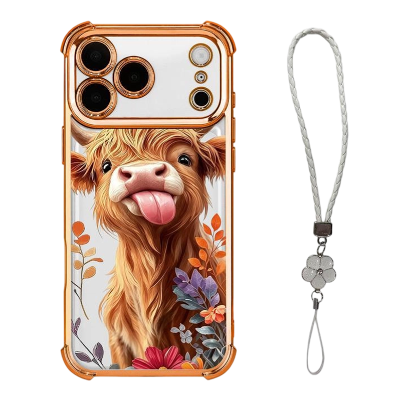 🐮🌸 Highland Cattle-kunstigt telefoncover – farverigt beskyttelsescover med matchende håndledsrem