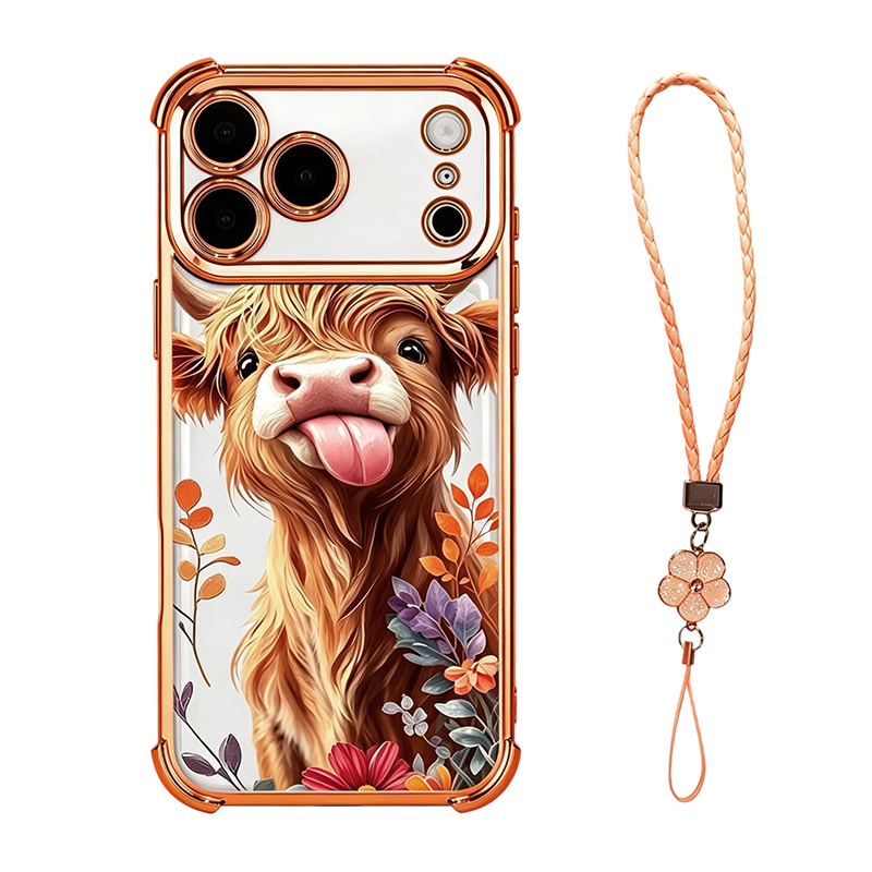 🐮🌸 Highland Cattle-kunstigt telefoncover – farverigt beskyttelsescover med matchende håndledsrem